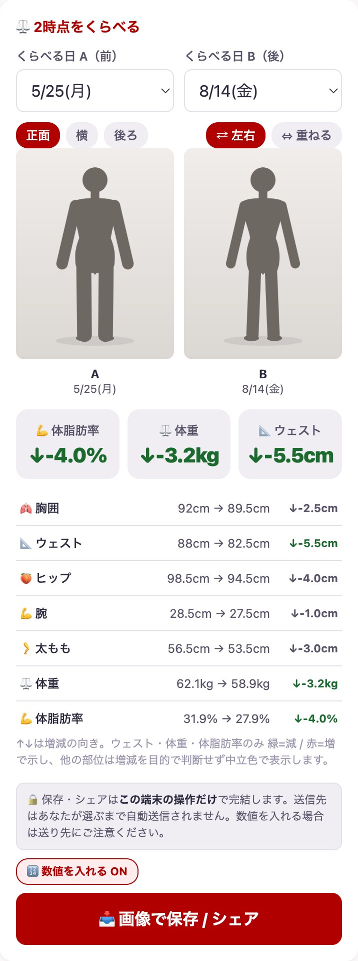 経過チェック画面：開始時と12週後の写真とサイズ変化を並べて比較