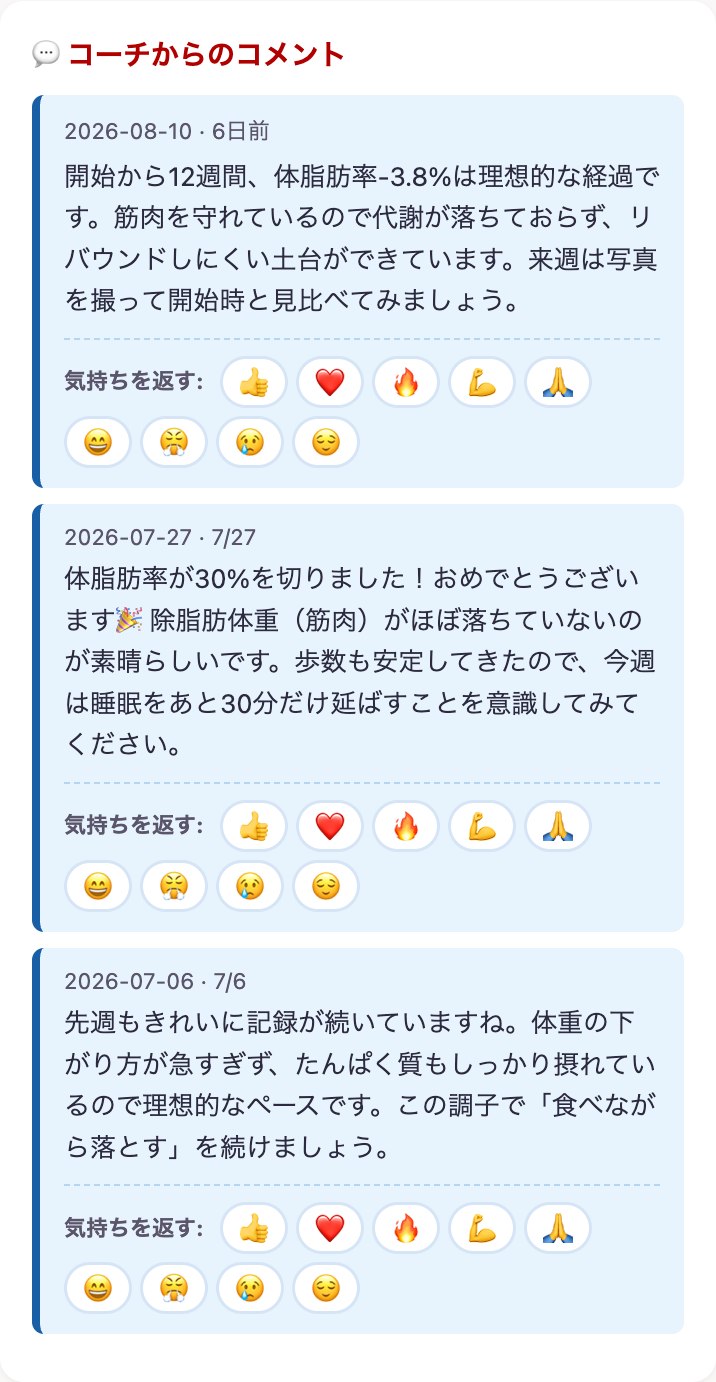 コーチからのコメント画面：週次のアドバイスとリアクション