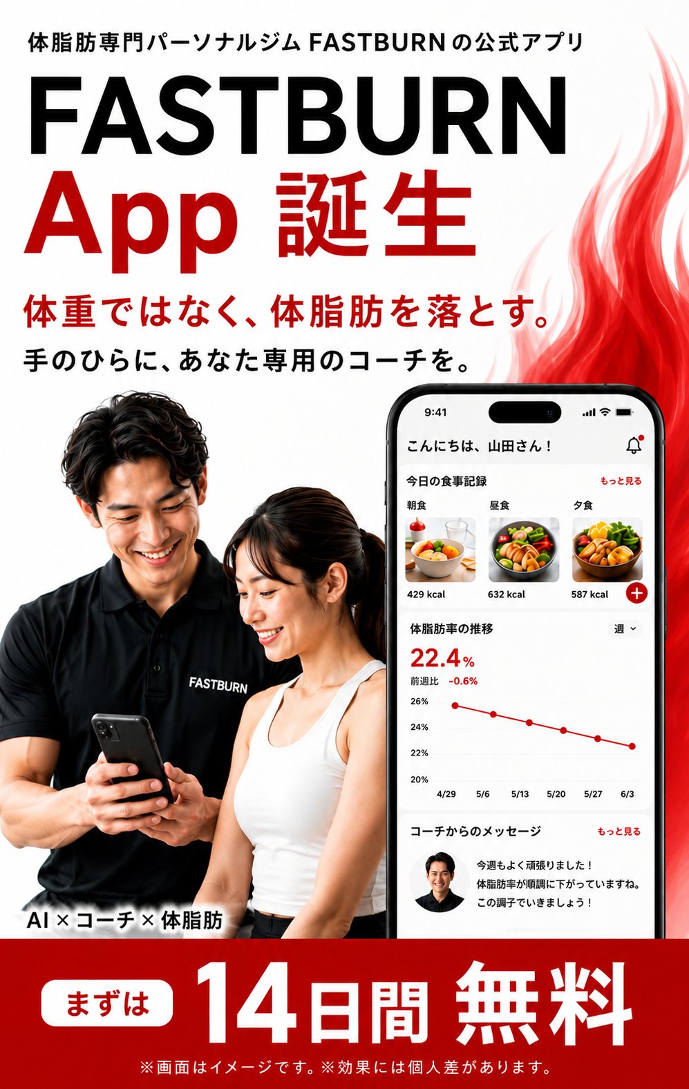 FASTBURN App 誕生。体重ではなく、体脂肪を落とす。手のひらに、あなた専用のコーチを。まずは14日間無料