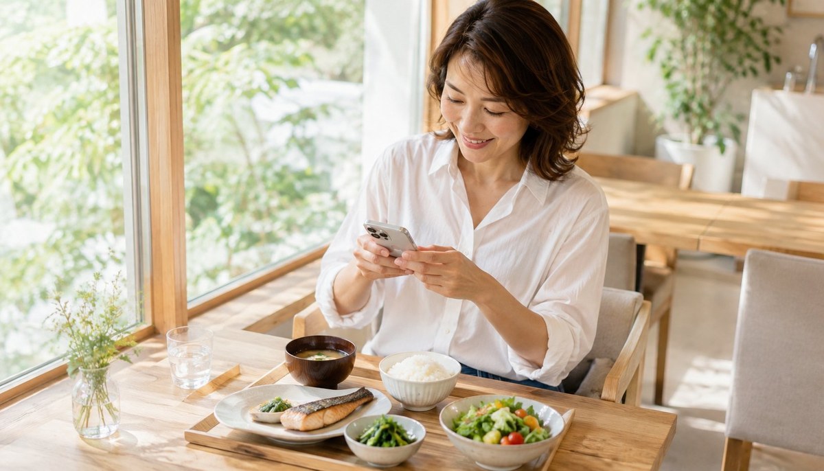 窓辺の食卓で、和定食をスマートフォンで記録している女性
