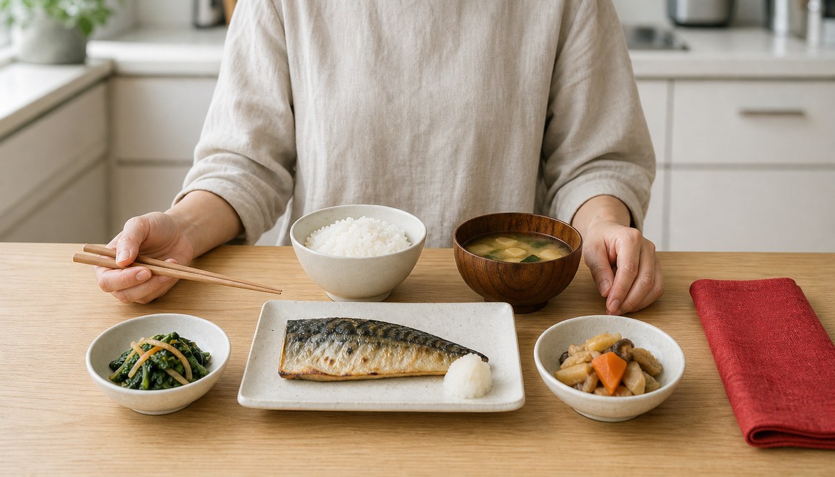 焼き魚・ご飯・味噌汁・おひたし・煮物の一汁三菜。たんぱく質を含むバランスのとれた食事の例