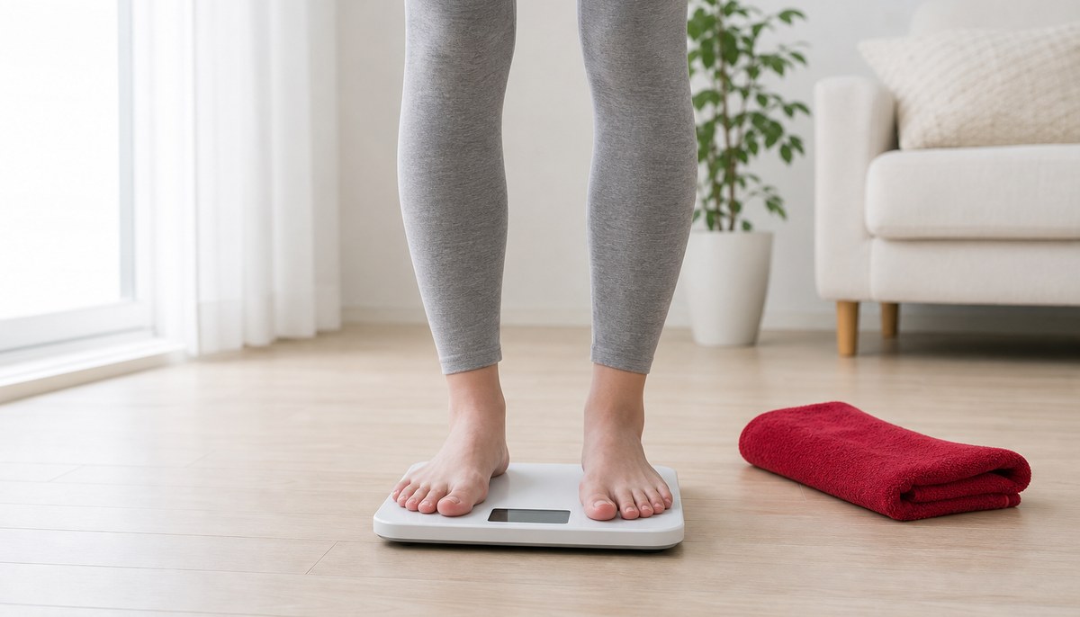 明るい部屋で体組成計に乗る女性の足元。体重ではなく体脂肪率と筋肉量を確認する