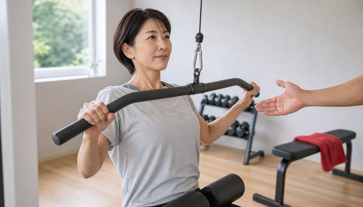ラットプルダウンで背中のトレーニングをする女性。横からトレーナーの手が添えられている