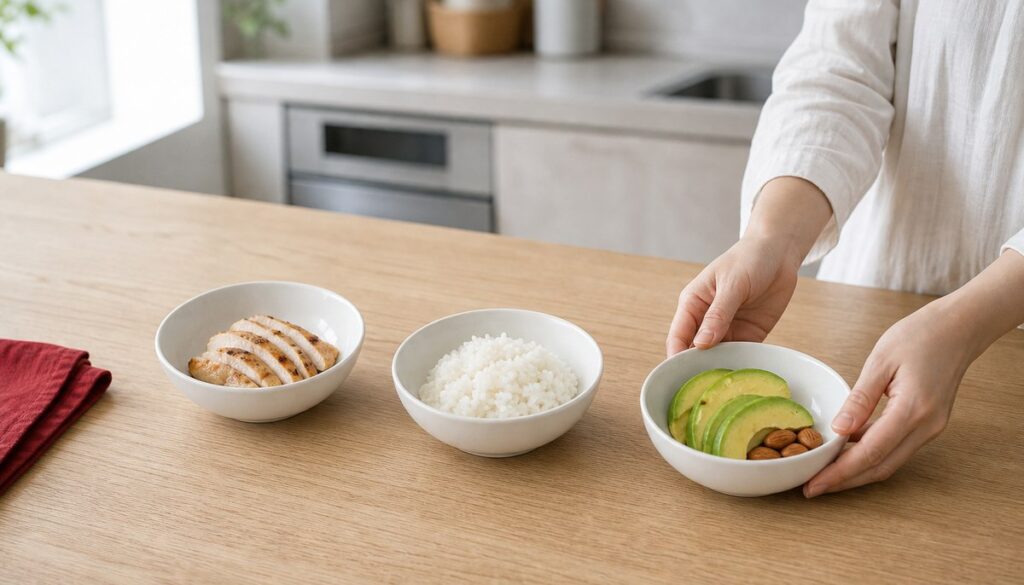 3つの白い器に分けて置かれた鶏むね肉・ごはん・アボカドとアーモンド。奥で女性の手が3つ目の器を置いている