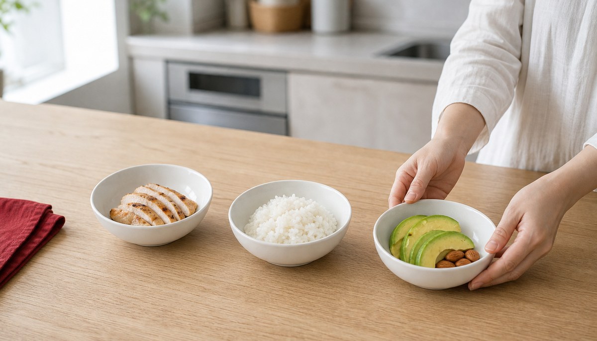 3つの白い器に分けて置かれた鶏むね肉・ごはん・アボカドとアーモンド。奥で女性の手が3つ目の器を置いている
