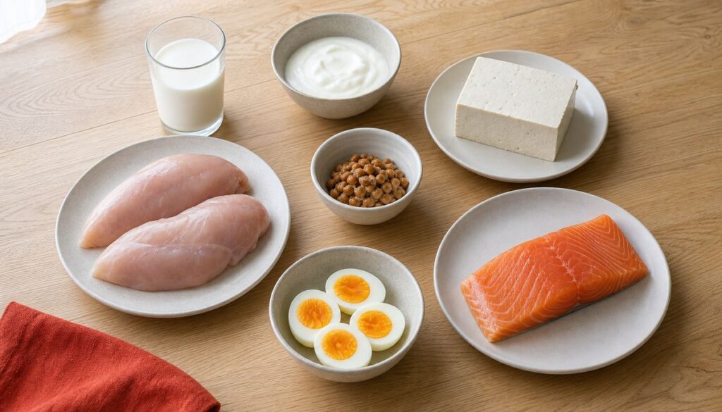 テーブルに並んだ高たんぱくの食材。鶏むね肉、鮭、ゆで卵、豆腐、納豆、牛乳、ヨーグルト