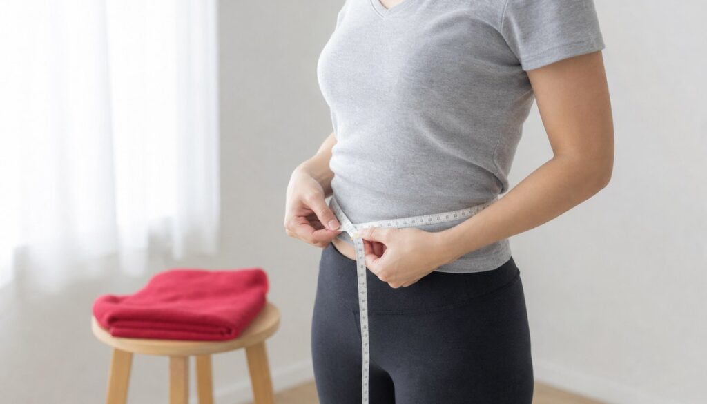おへその高さにメジャーを水平に巻いて、ウエストを測っている女性の腰まわり