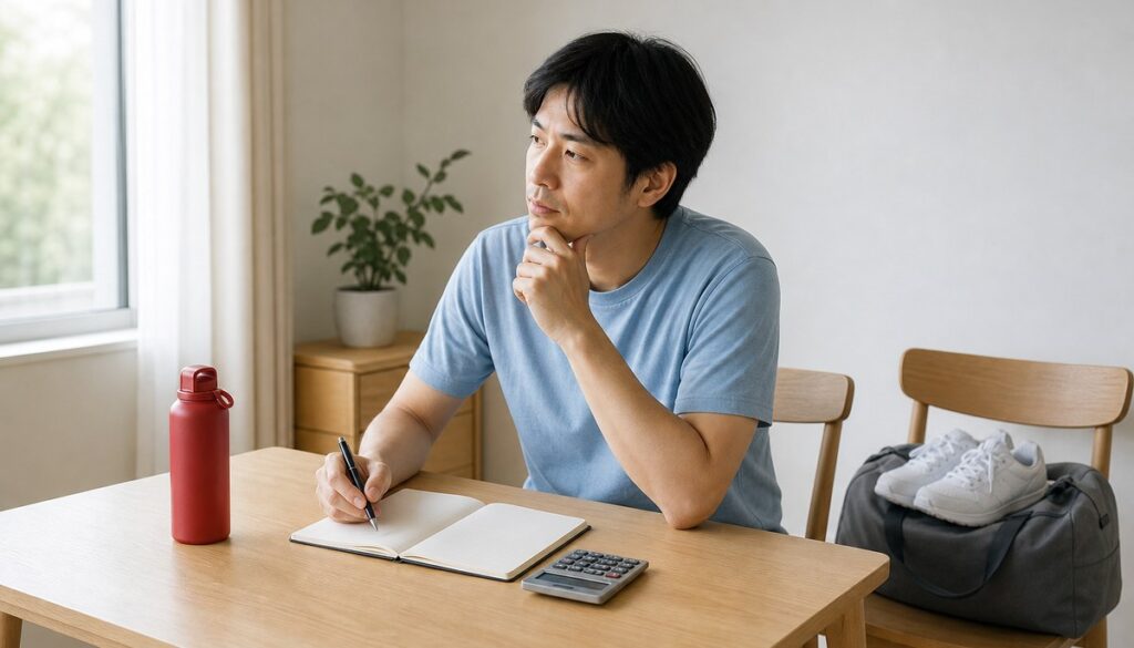 パーソナルジムの料金を比べながら、ノートと電卓を前に考えている男性
