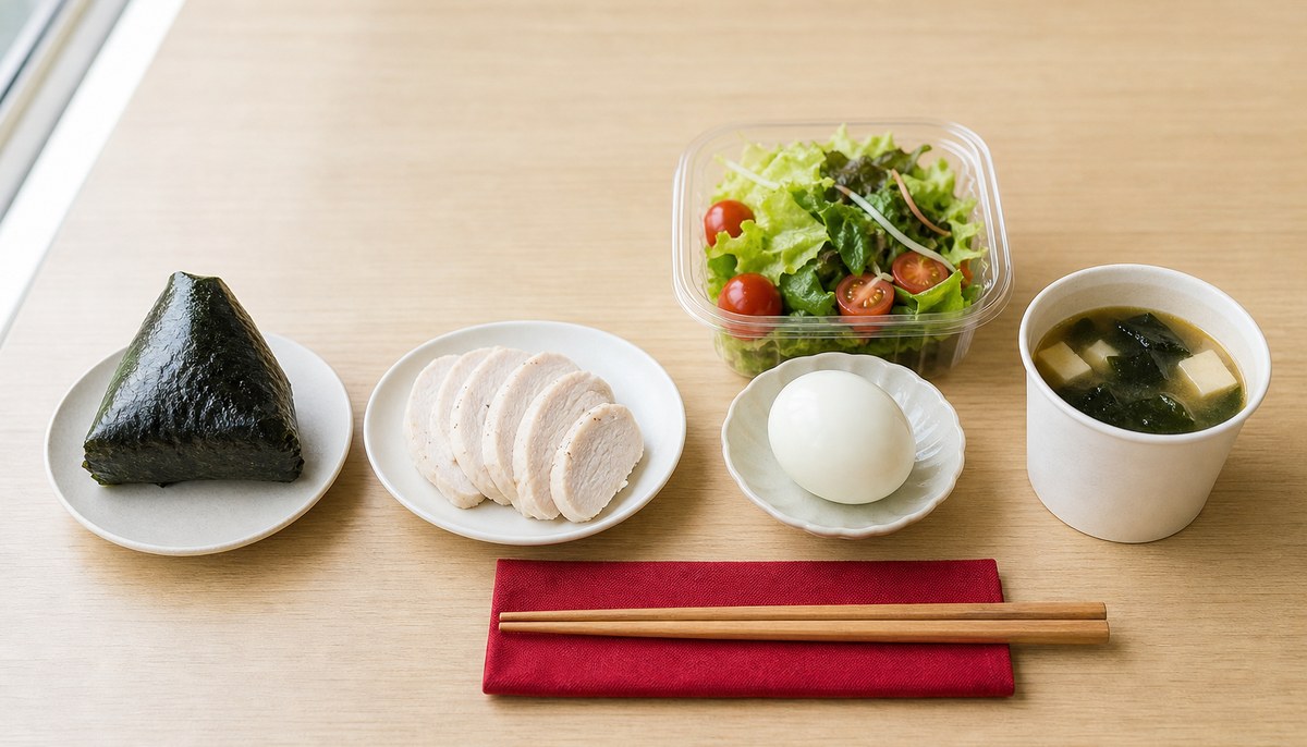 木の机の上に、のりを巻いたおにぎり、薄切りのサラダチキン、ゆで卵、サラダ、豆腐とわかめの味噌汁が並んでいる