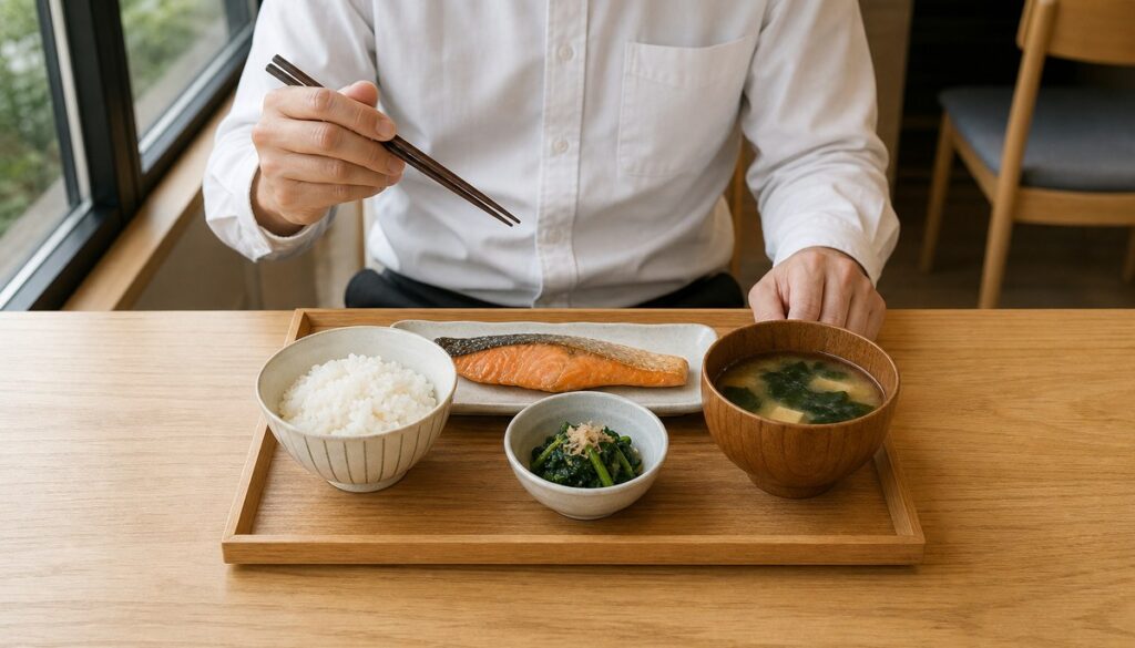 トレーに焼き鮭、ご飯、ほうれん草のおひたし、味噌汁がのった定食を、白いシャツの人が食べようとしている
