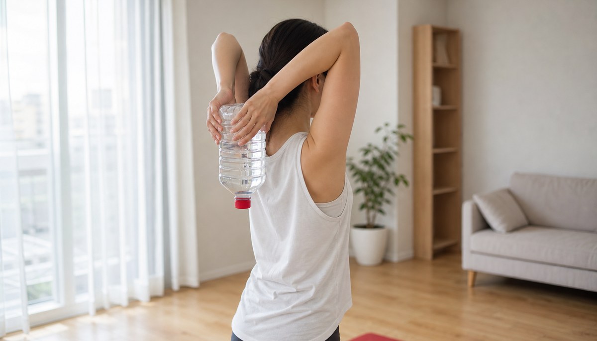 水を入れたペットボトルを両手で持ち、頭の後ろに下ろしている女性の後ろ姿